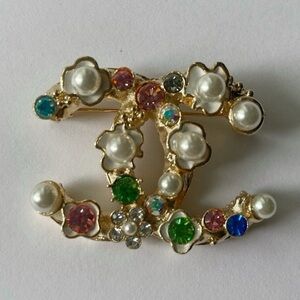 CC Pearl Brooch with Multicolor Gems